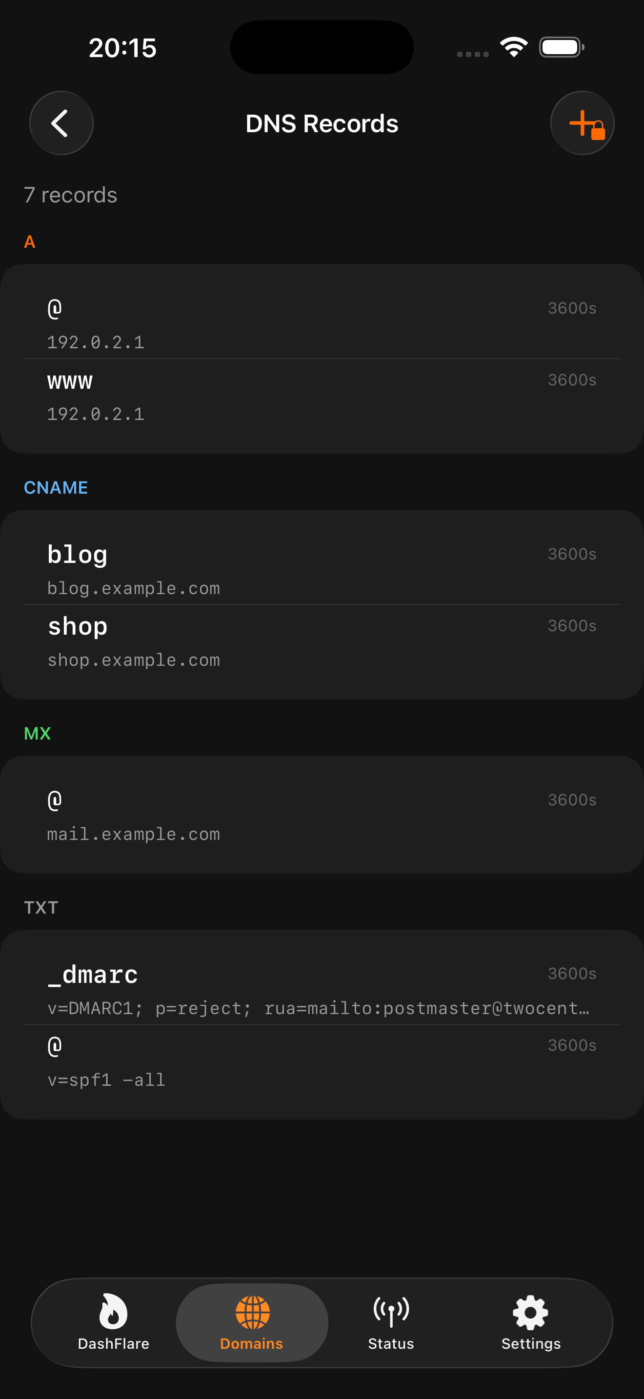 DashFlare DNS records and security controls screen