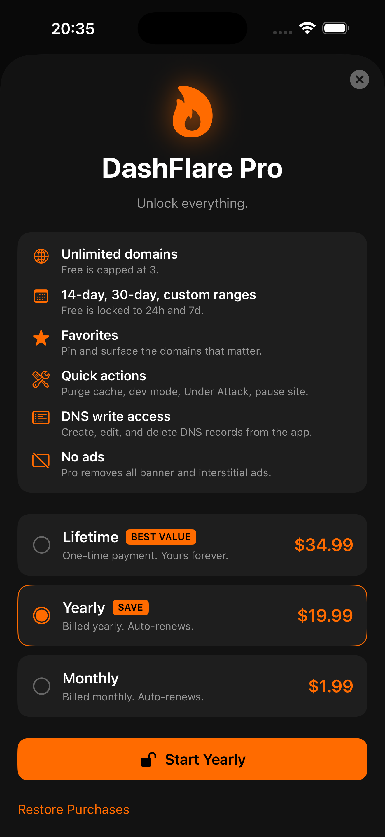 DashFlare Pro upgrade screen on iPhone