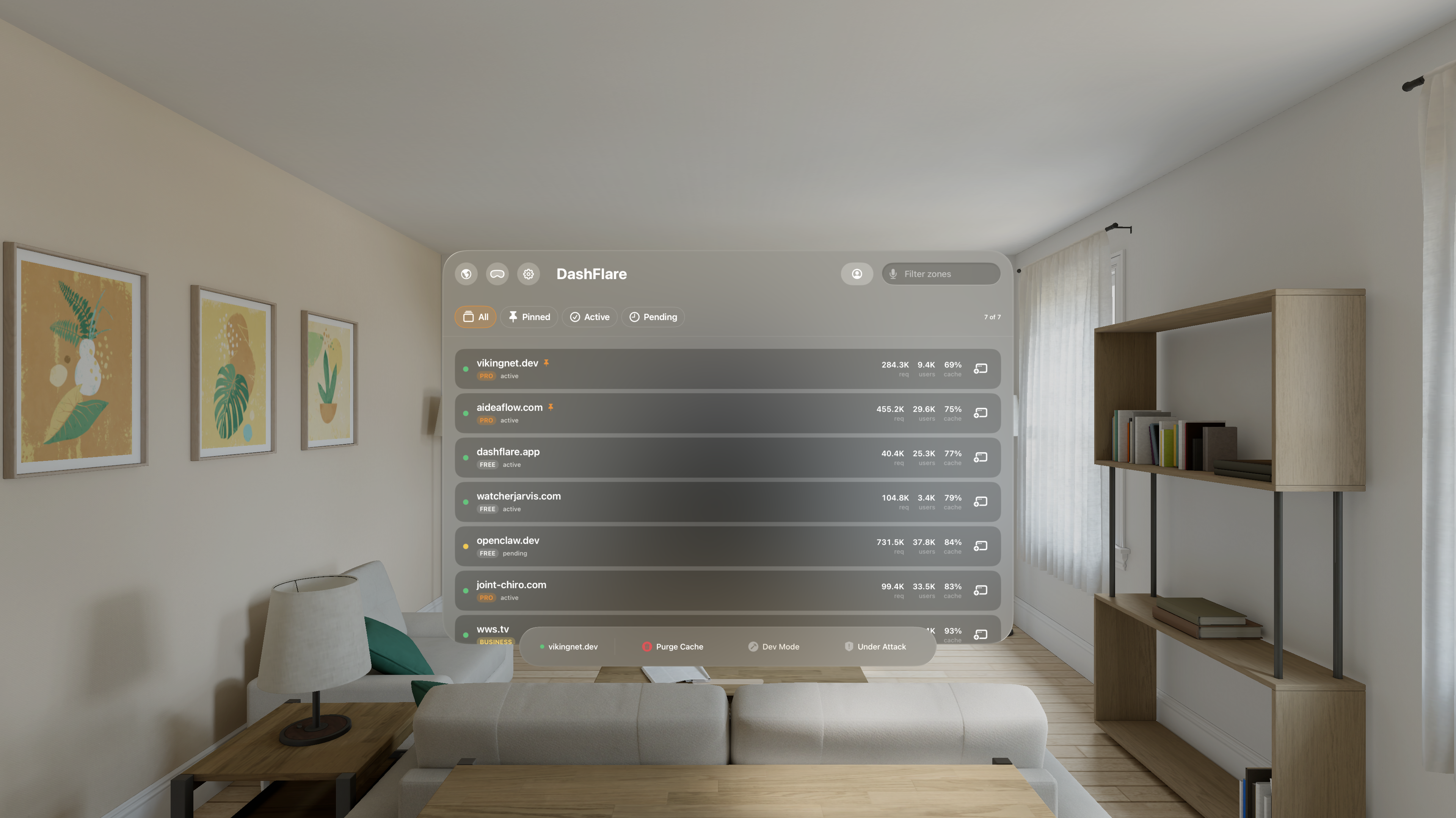 DashFlare in Apple Vision Pro — the spatial dashboard floating in space